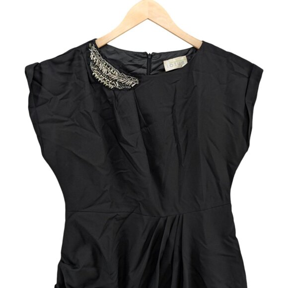 Lotus Ruched Mini Dress Black Beaded Neck Cap Sleeve Pleated Size L - Picture 3 of 13